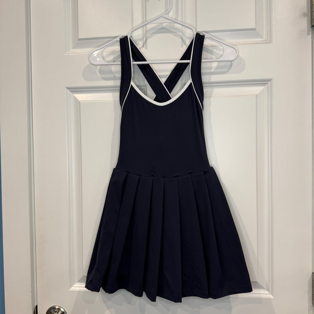 AS Revival Navy Blue Tennis Dress Pleated Skirt Cross Back White Trim Size XXS - Picture 3 of 7